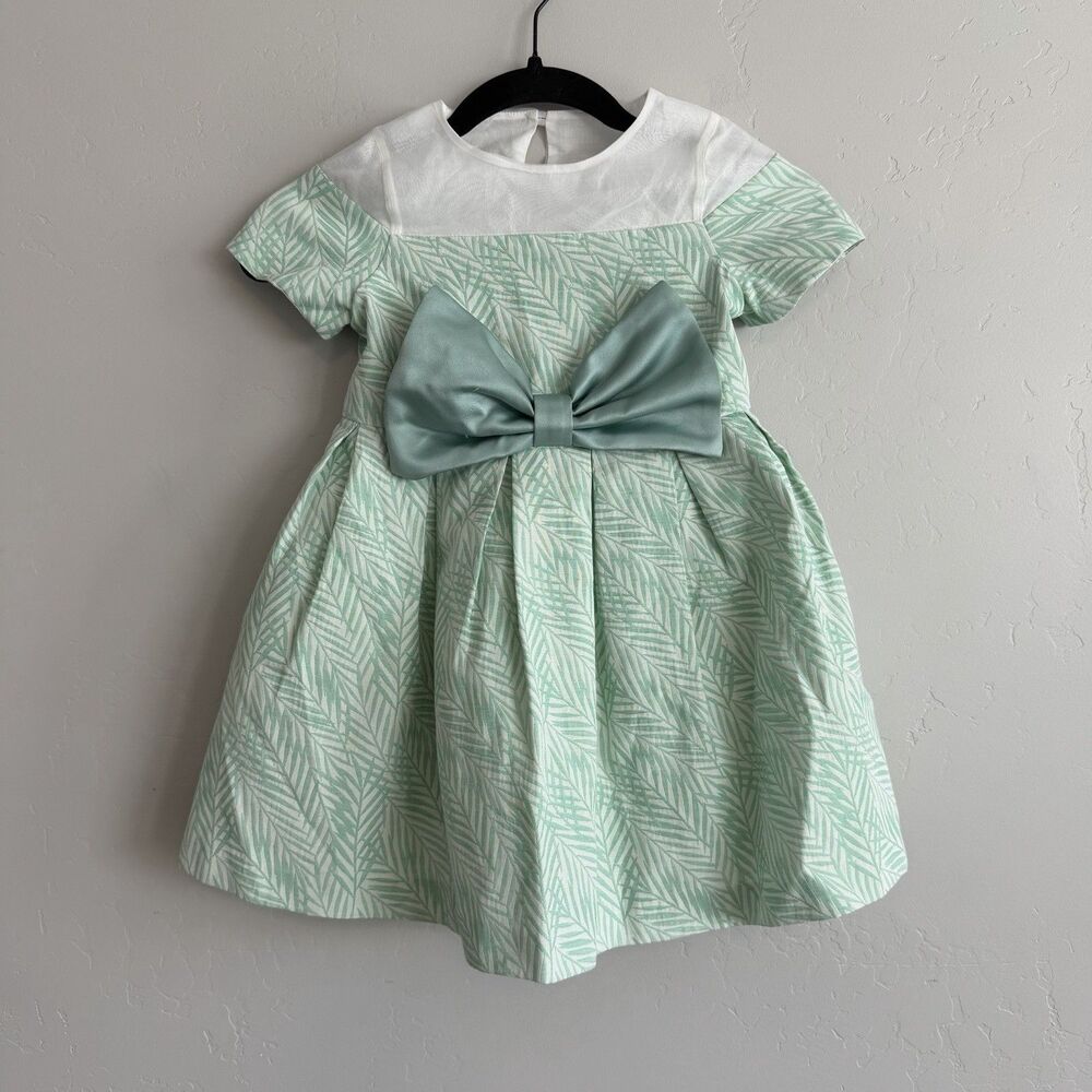 Hucklebones London Designer Girls Dress Bow Size 6Y Pastel Mint Green